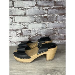 Swedish Hasbeens Black Leather Wooden Heel Peep Toe Ankle Strap Sandals Women 38
